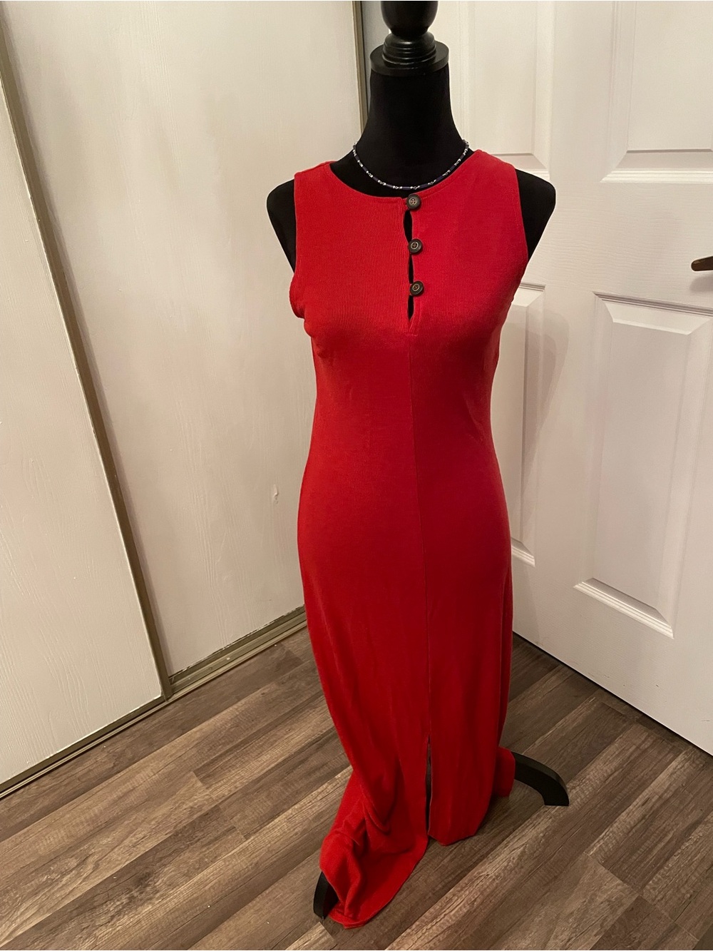 California Style Sleeveless Red Maxi Dress with Front Button Placket Size M